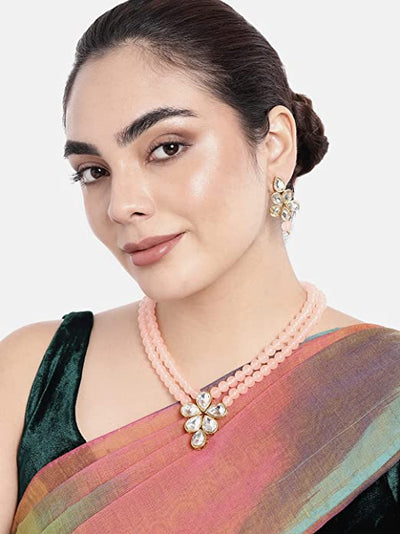 Women's 18k Gold Plated Traditional Kundan & Pearl Studded Necklace Jewellery Set ML31