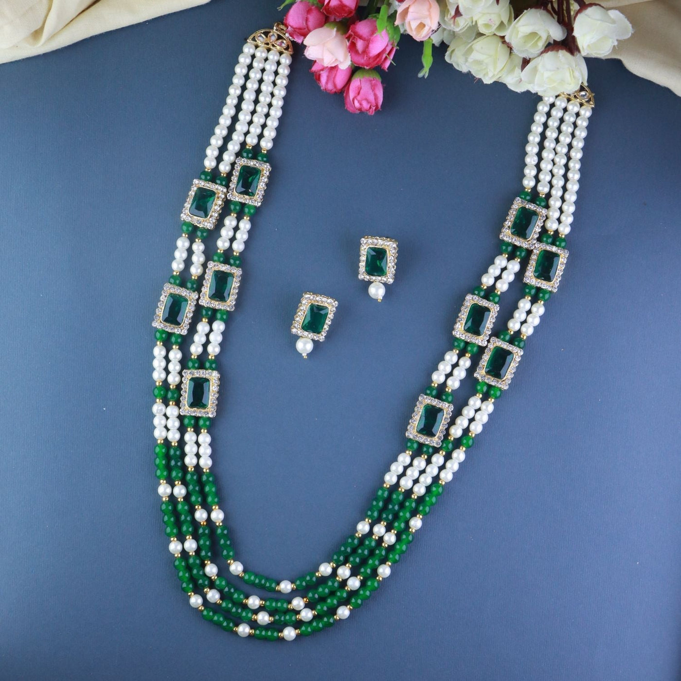 Women's 18K Gold Plated Traditional Green Stone Studded Multi Strand Long Pearl Necklace Jewellery with Stud Earrings Set