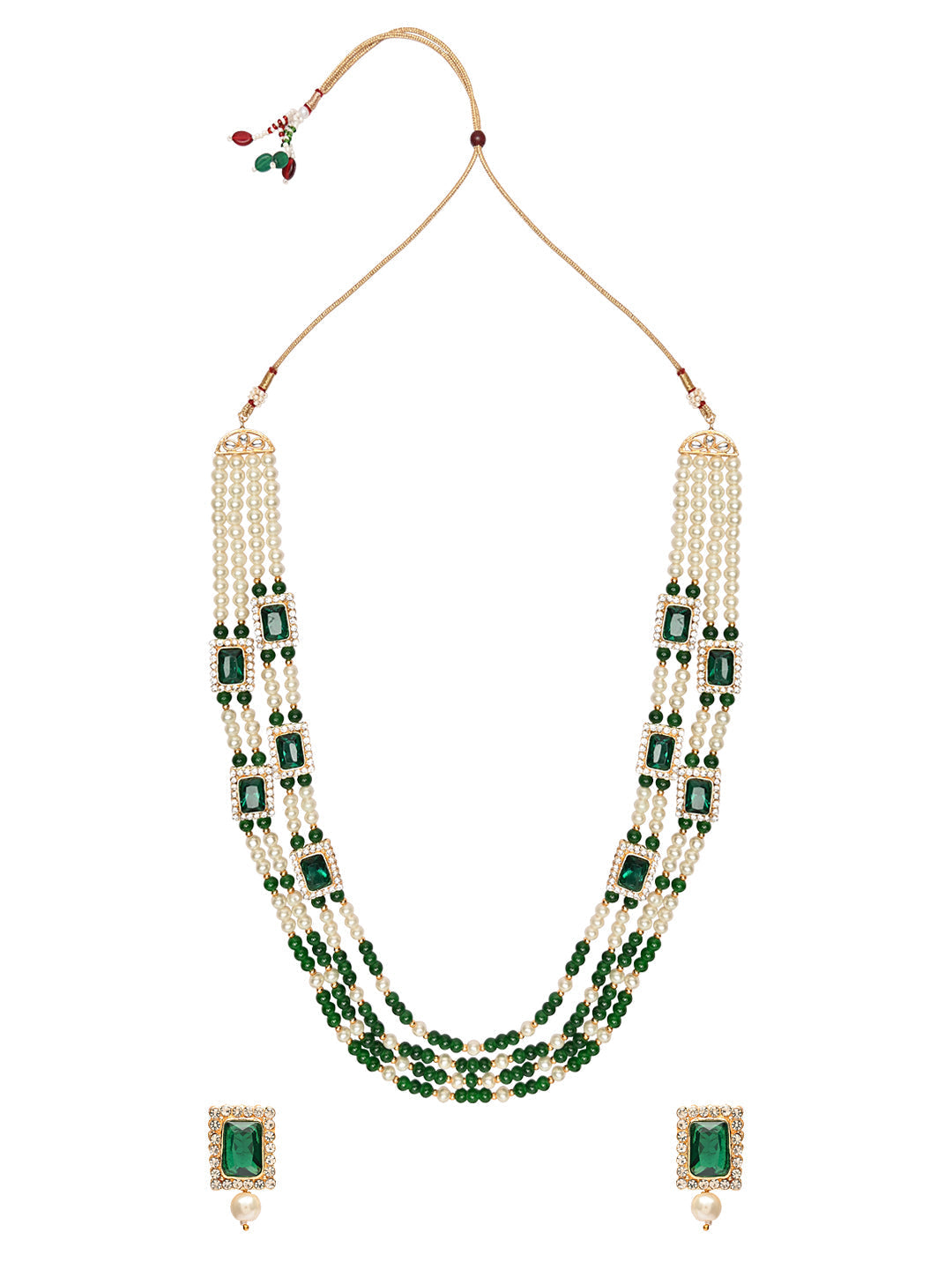 Women's 18K Gold Plated Traditional Green Stone Studded Multi Strand Long Pearl Necklace Jewellery with Stud Earrings Set