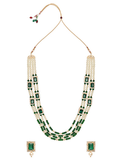 Women's 18K Gold Plated Traditional Green Stone Studded Multi Strand Long Pearl Necklace Jewellery with Stud Earrings Set