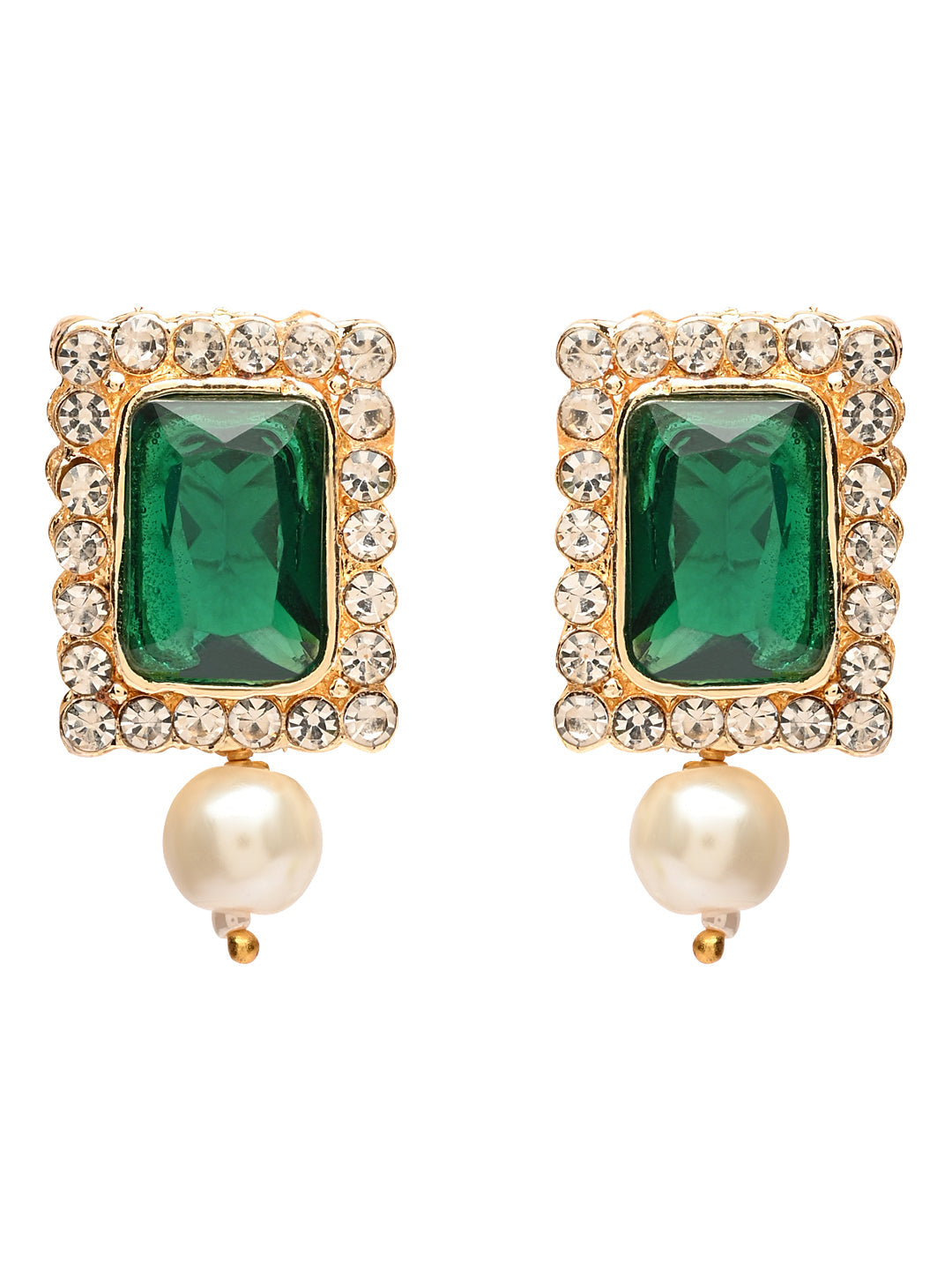 Women's 18K Gold Plated Traditional Green Stone Studded Multi Strand Long Pearl Necklace Jewellery with Stud Earrings Set