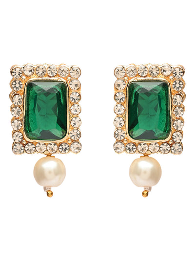 Women's 18K Gold Plated Traditional Green Stone Studded Multi Strand Long Pearl Necklace Jewellery with Stud Earrings Set