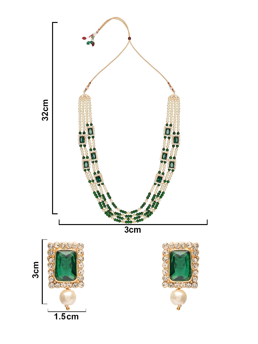 Women's 18K Gold Plated Traditional Green Stone Studded Multi Strand Long Pearl Necklace Jewellery with Stud Earrings Set