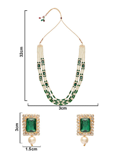Women's 18K Gold Plated Traditional Green Stone Studded Multi Strand Long Pearl Necklace Jewellery with Stud Earrings Set