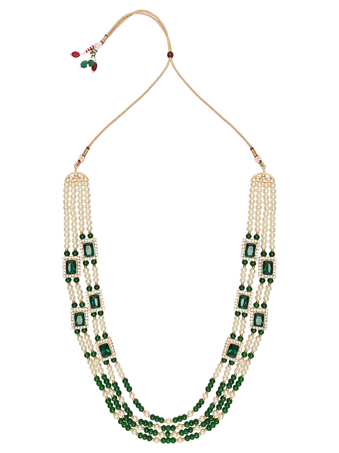 Women's 18K Gold Plated Traditional Green Stone Studded Multi Strand Long Pearl Necklace Jewellery with Stud Earrings Set
