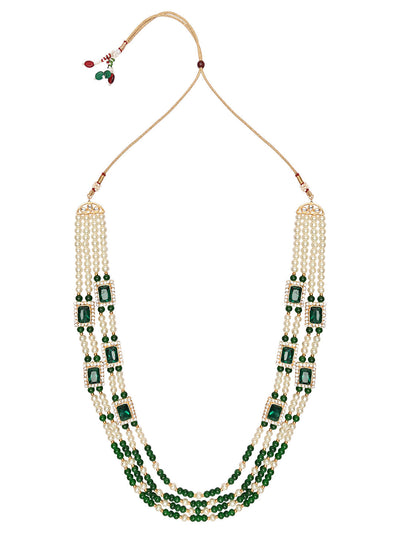 Women's 18K Gold Plated Traditional Green Stone Studded Multi Strand Long Pearl Necklace Jewellery with Stud Earrings Set