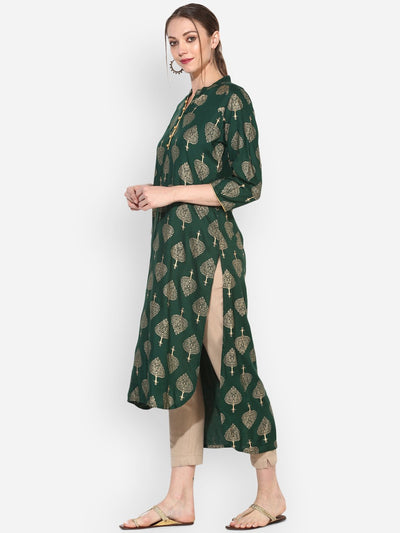 Women's Green Rayon Printed 3/4 Sleeve Round Neck Casual Kurta Only