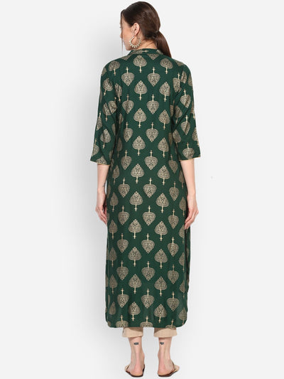 Women's Green Rayon Printed 3/4 Sleeve Round Neck Casual Kurta Only