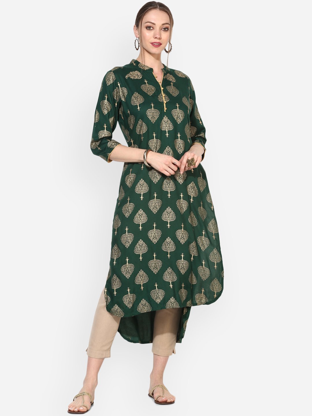 Women's Green Rayon Printed 3/4 Sleeve Round Neck Casual Kurta Only