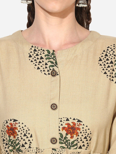 Women's White Cotton Printed Half Sleeve Round Neck Casual Kurta Only