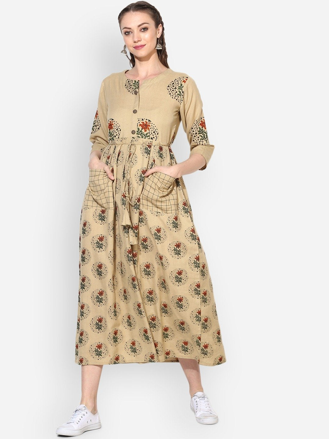 Women's White Cotton Printed Half Sleeve Round Neck Casual Kurta Only