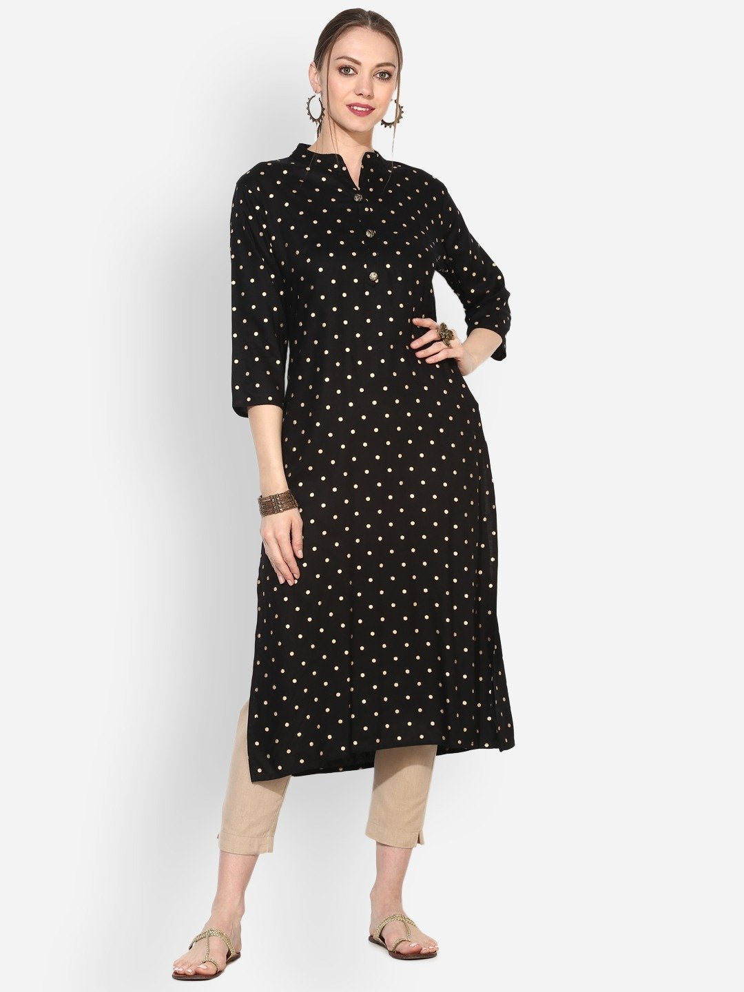 Women's Black Rayon Printed Half Sleeve Round Neck Casual Kurta Only