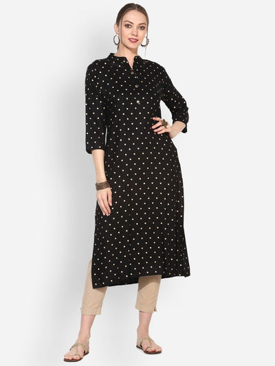 Women's Black Rayon Printed Half Sleeve Round Neck Casual Kurta Only