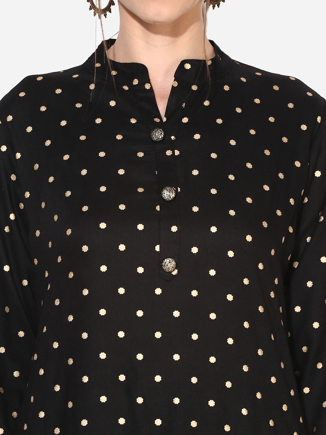 Women's Black Rayon Printed Half Sleeve Round Neck Casual Kurta Only