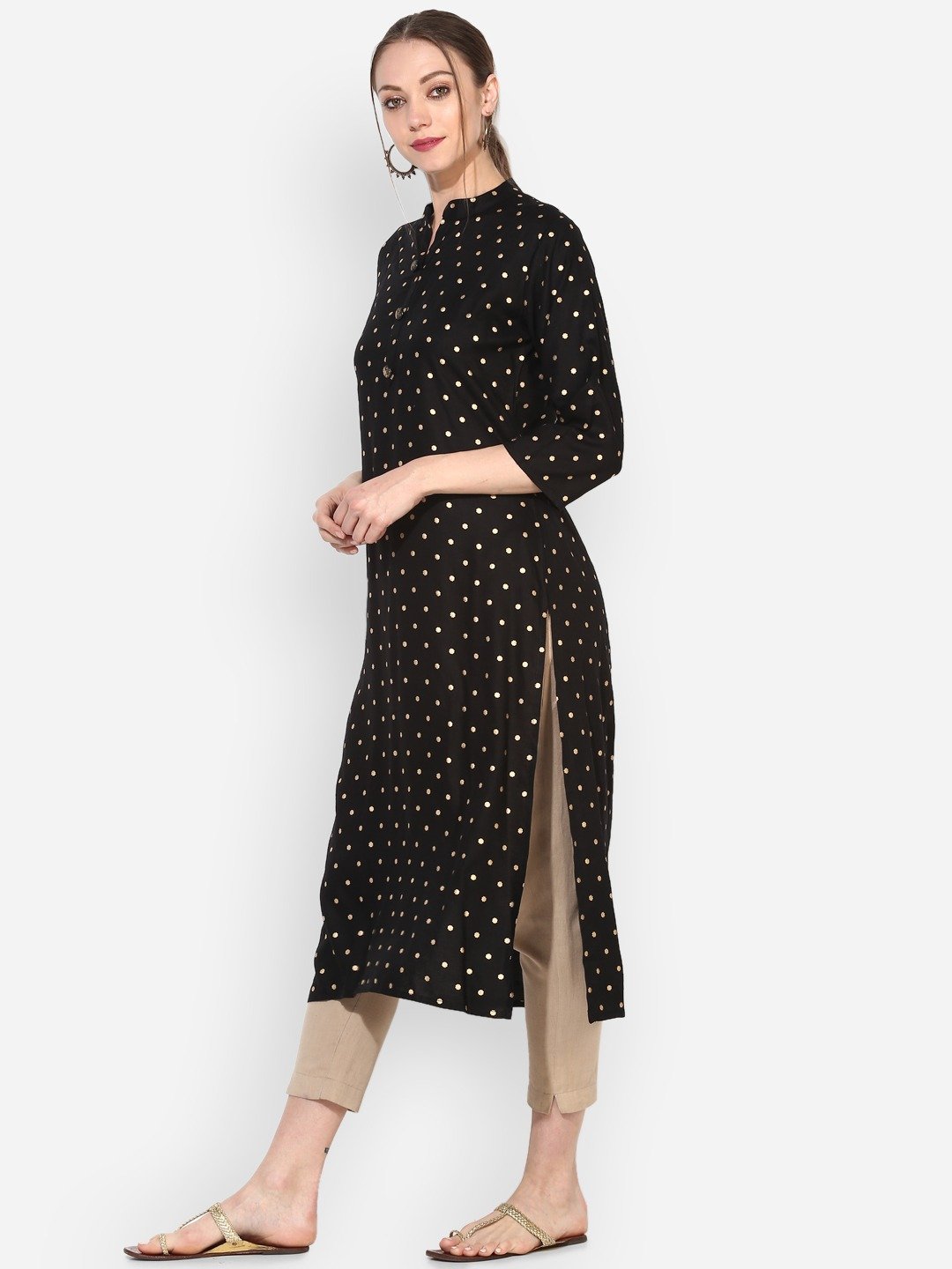 Women's Black Rayon Printed Half Sleeve Round Neck Casual Kurta Only