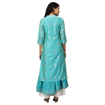 Women's Green Chanderi Printed 3/4 Sleeve Collar Casual Kurta Cami Only