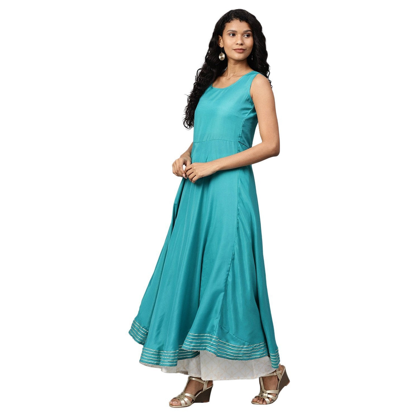 Women's Green Chanderi Printed 3/4 Sleeve Collar Casual Kurta Cami Only