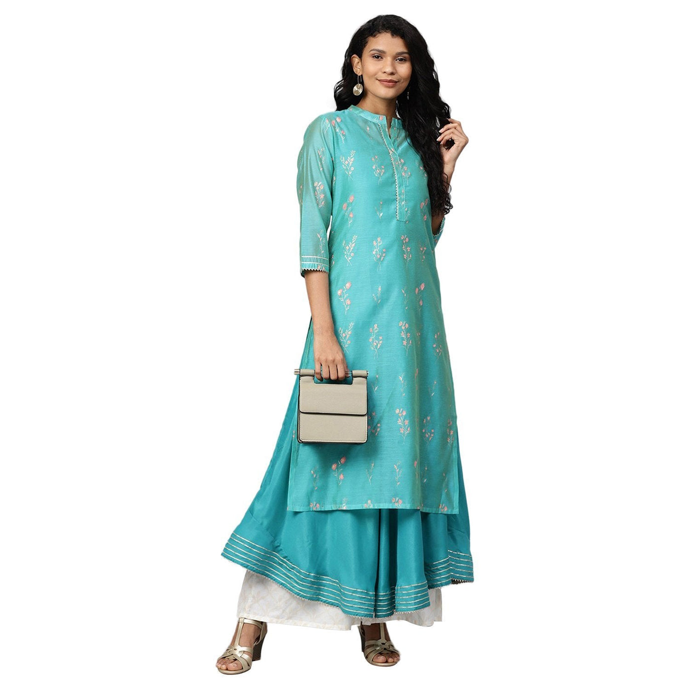 Women's Green Chanderi Printed 3/4 Sleeve Collar Casual Kurta Cami Only