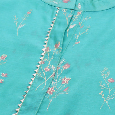 Women's Green Chanderi Printed 3/4 Sleeve Collar Casual Kurta Cami Only