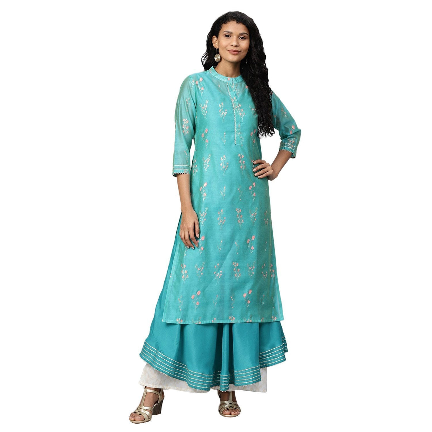 Women's Green Chanderi Printed 3/4 Sleeve Collar Casual Kurta Cami Only
