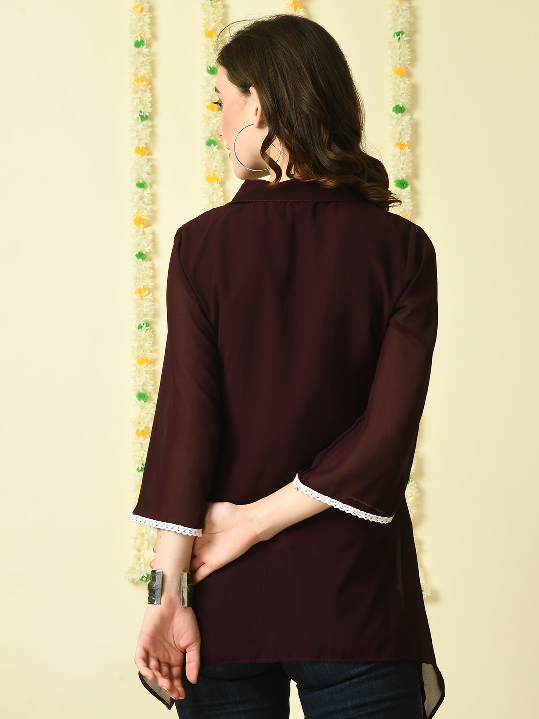 Women's Coffee Brown Embroidered Party  Fusion Top