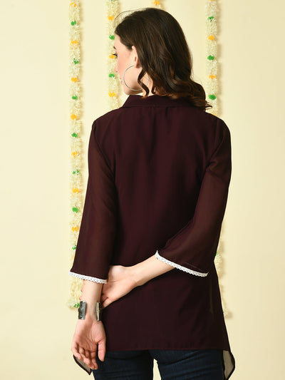 Women's Coffee Brown Embroidered Party  Fusion Top