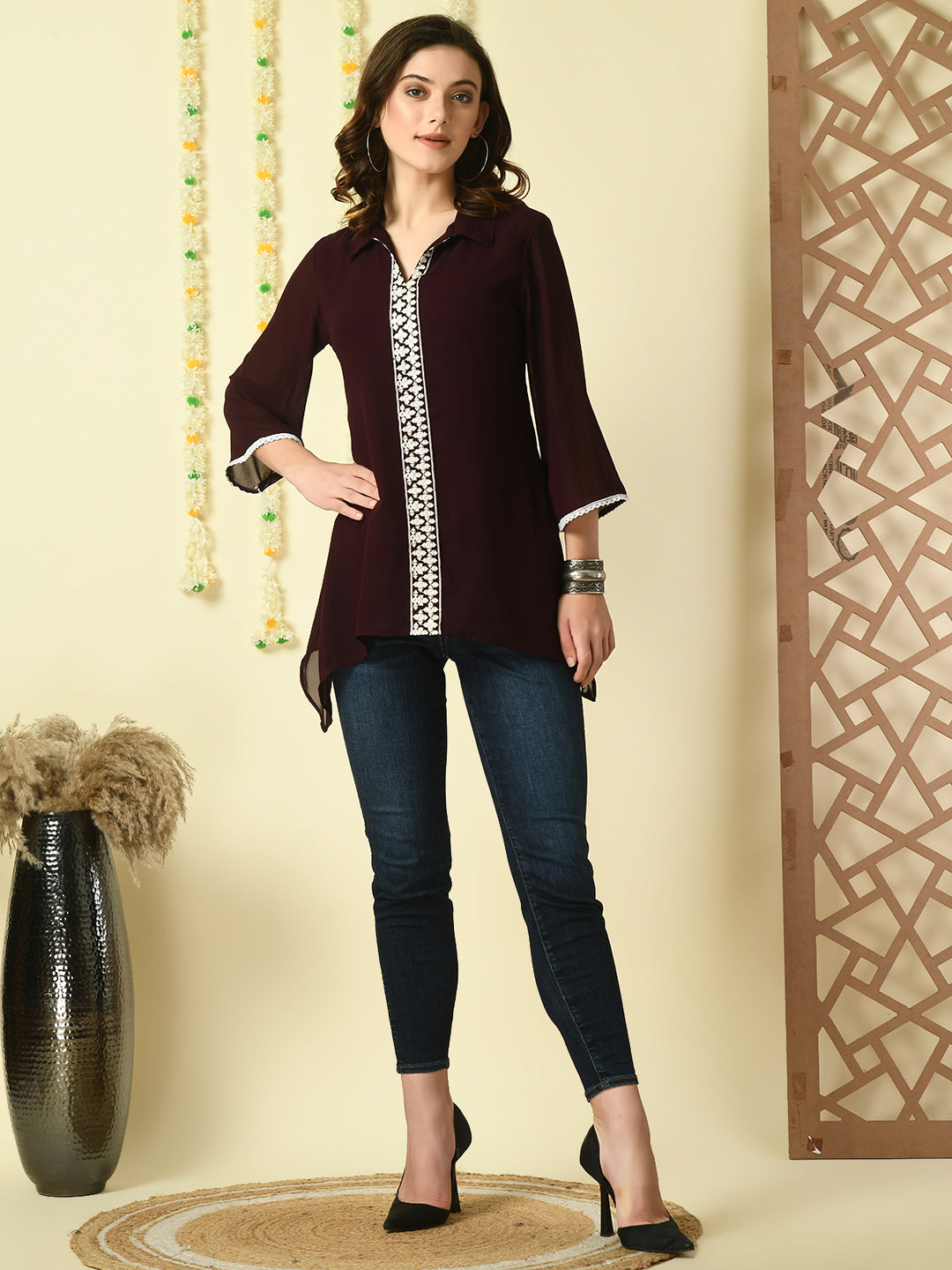 Women's Coffee Brown Embroidered Party  Fusion Top