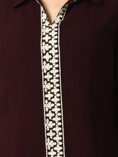 Women's Coffee Brown Embroidered Party  Fusion Top