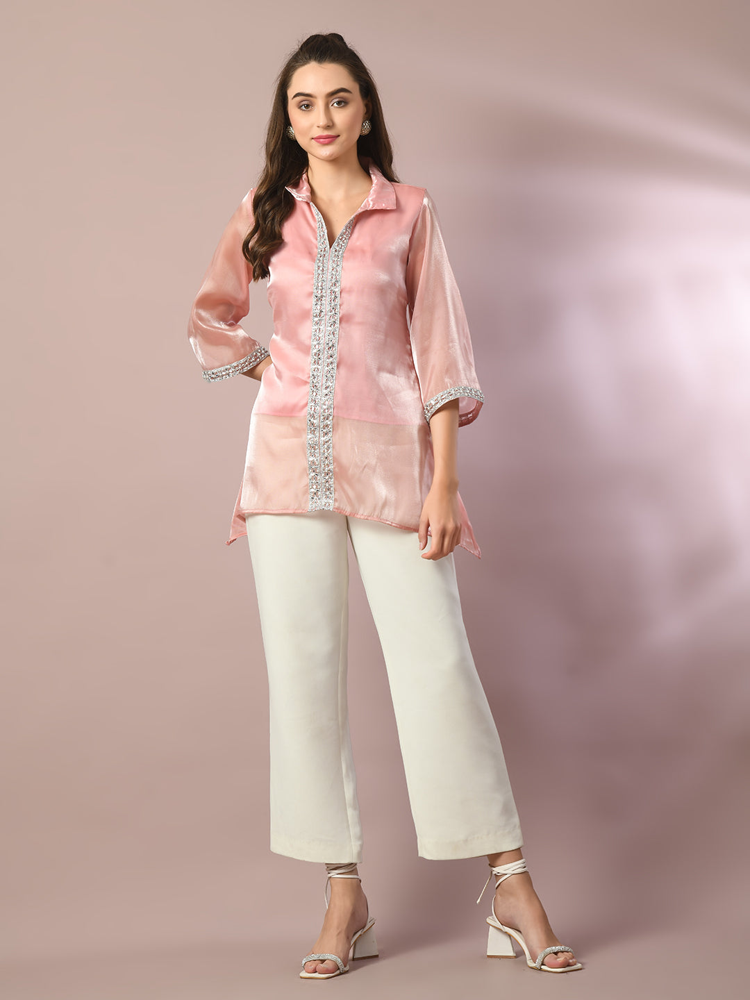 Women's  Pink Solid Longline Party Tunic