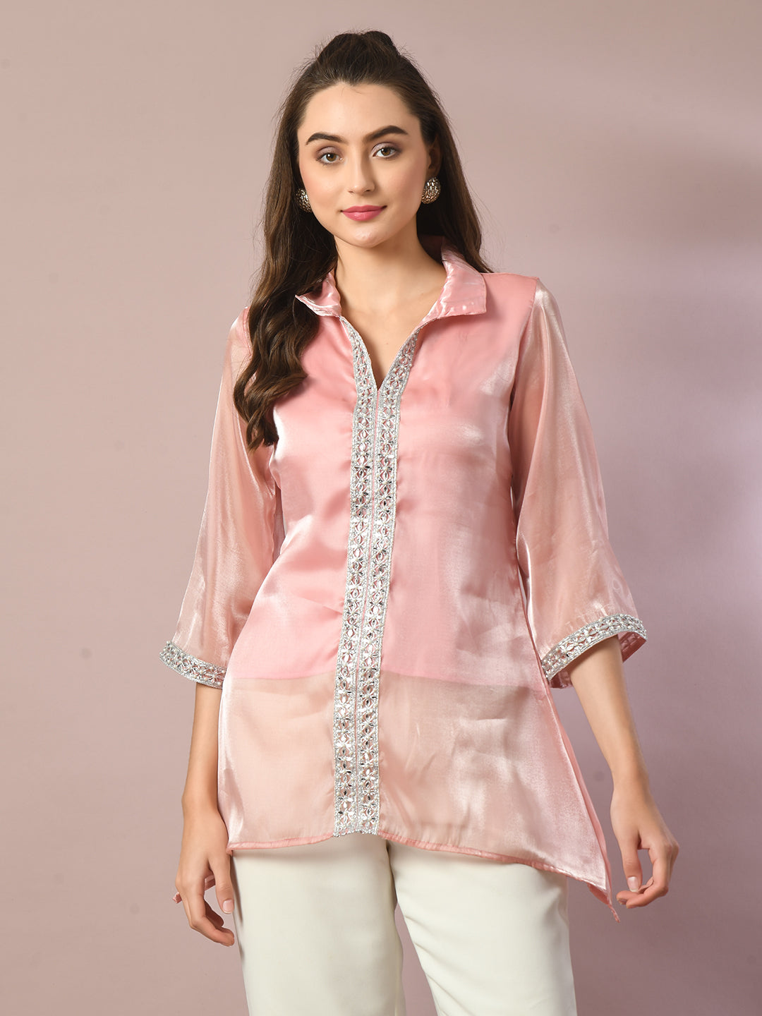 Women's  Pink Solid Longline Party Tunic