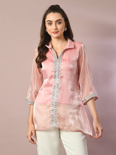 Women's  Pink Solid Longline Party Tunic
