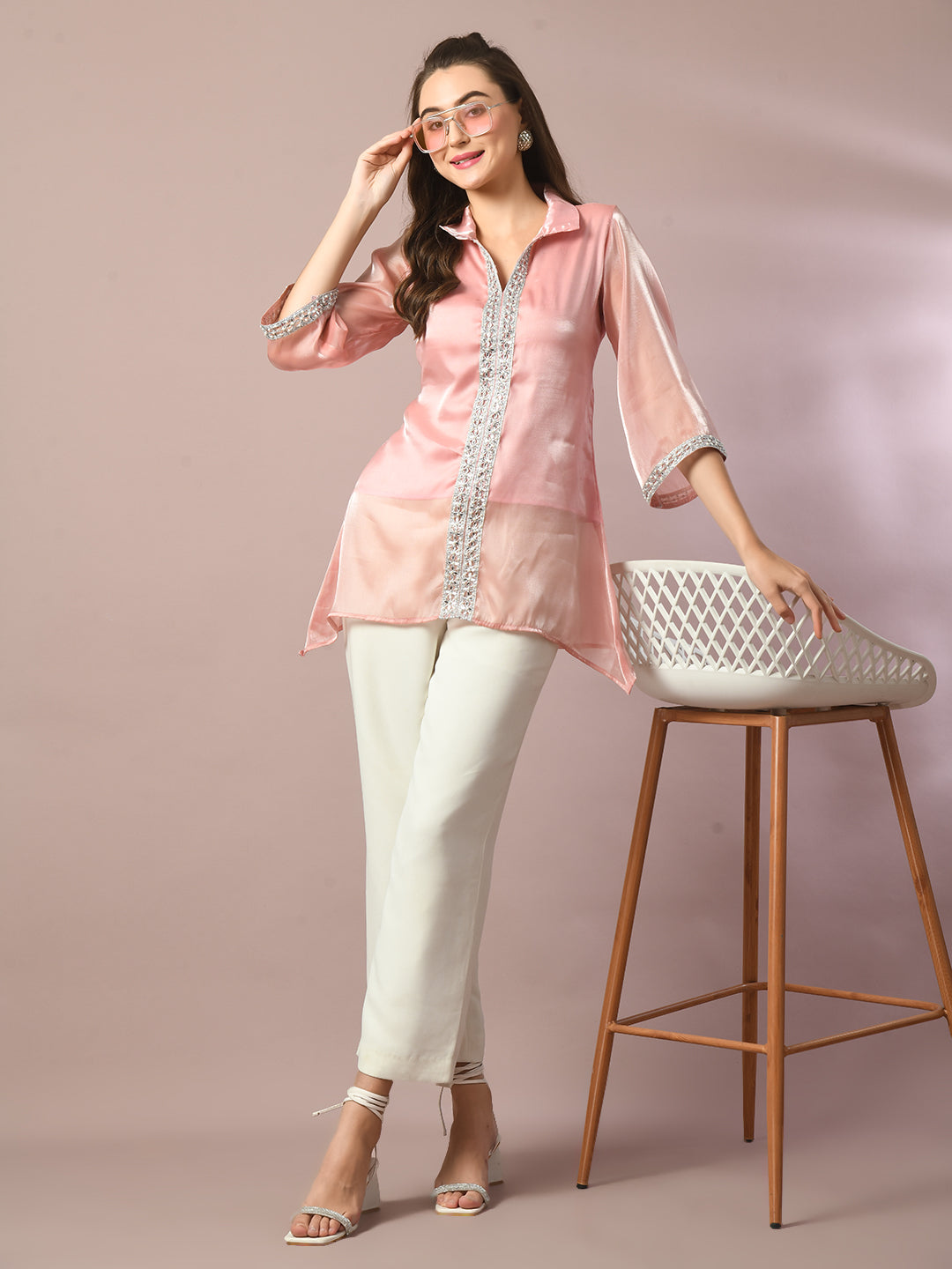 Women's  Pink Solid Longline Party Tunic