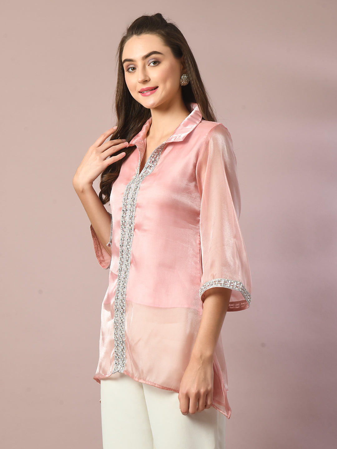 Women's  Pink Solid Longline Party Tunic