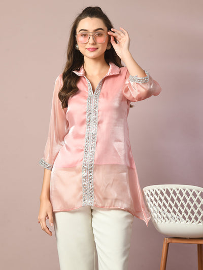 Women's  Pink Solid Longline Party Tunic