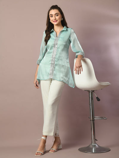 Women's  Blue Solid Longline Party Tunic