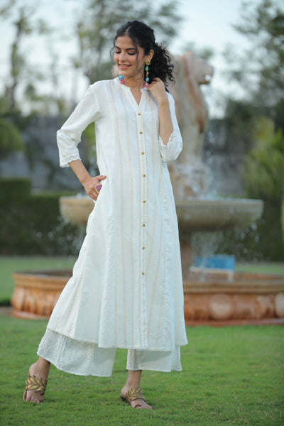 Women's White Cotton Dobby Printed A-Line Kurta With Mask