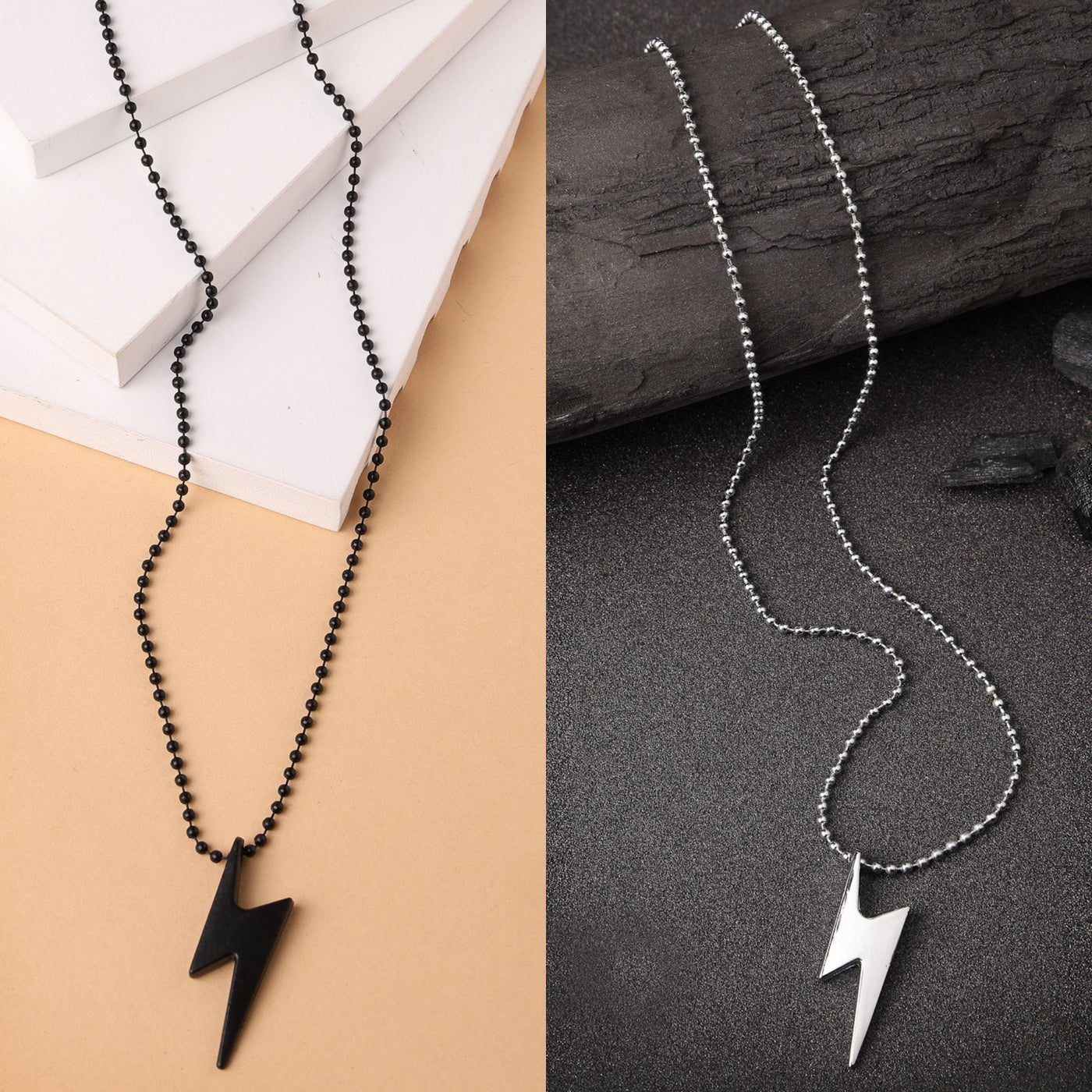 Men's Set Of 2 Black & Silver Flash Pendent With Chain
