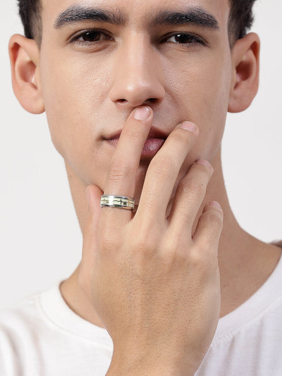 Men's Rhodium-Plated Silver-Toned Stainless Steel Finger Ring