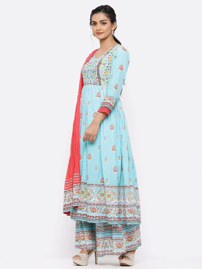 Women's Blue Cambric Printed Anarkali Kurta With Dupatta