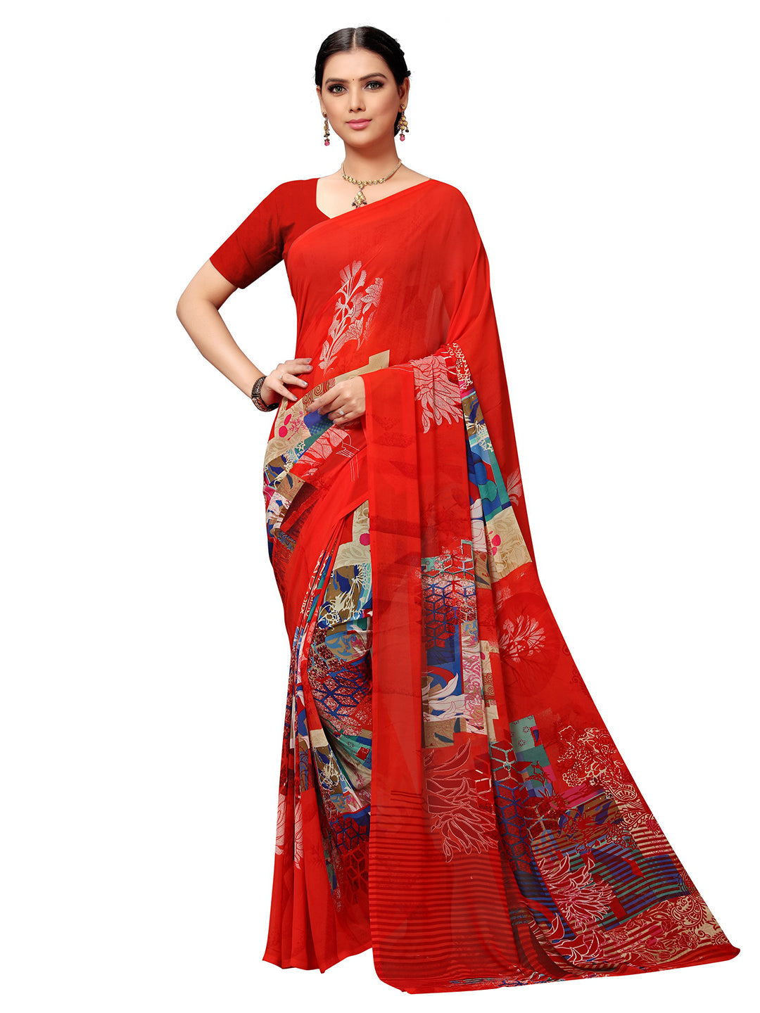Women's Red Georgette Printed Saree