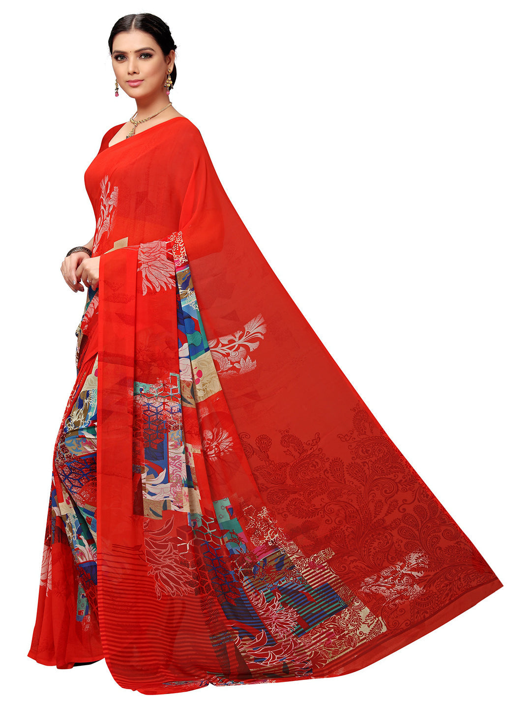 Women's Red Georgette Printed Saree