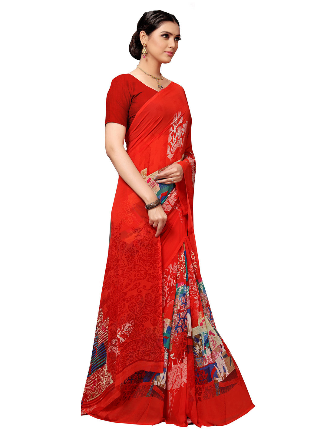 Women's Red Georgette Printed Saree