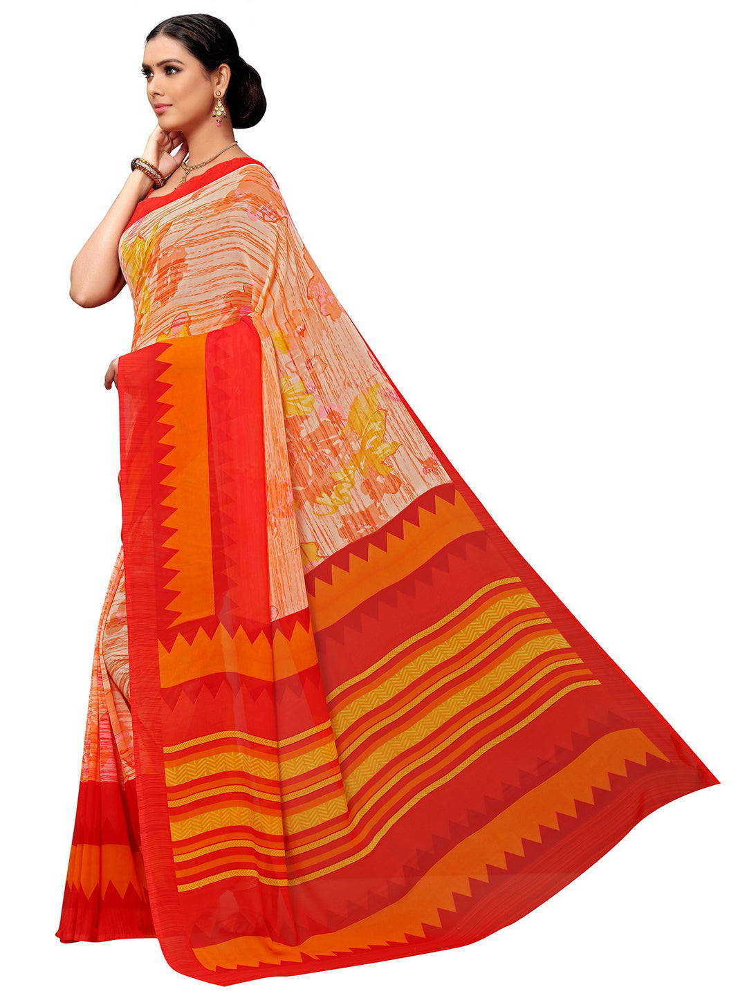 Women's Orange Georgette Printed Saree