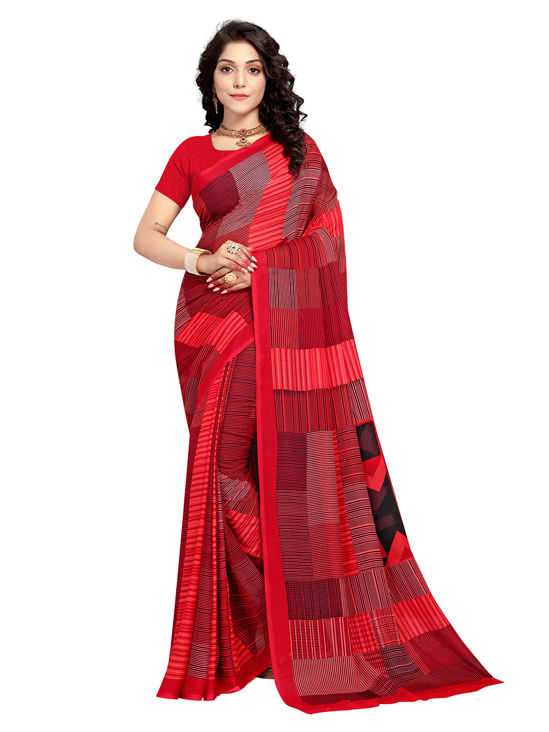 Women's Red Georgette Printed Saree