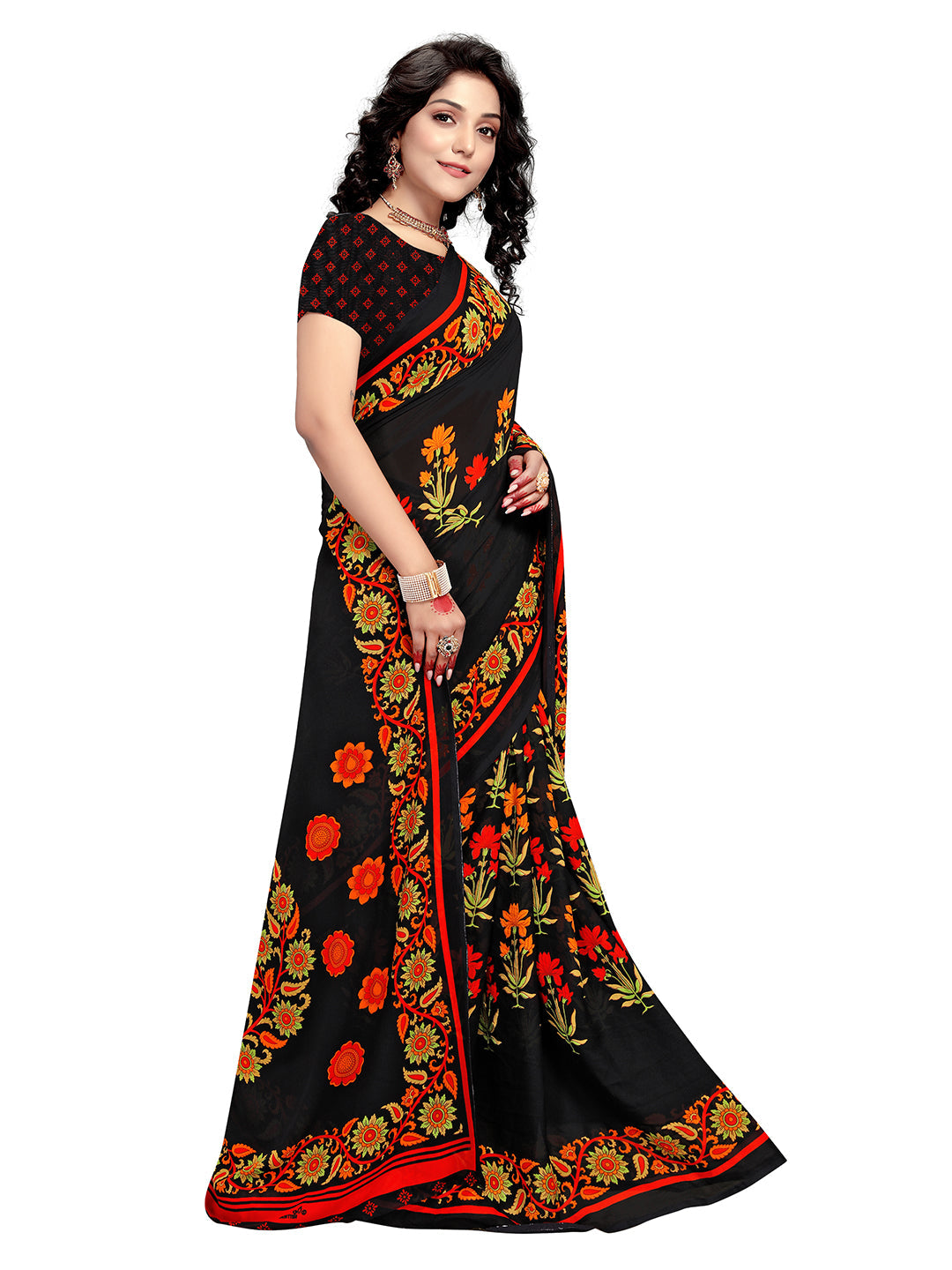 Women's Black Georgette Printed Saree