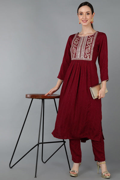 Women's Silk Blend Yoke Design Solid Kurta With Pants