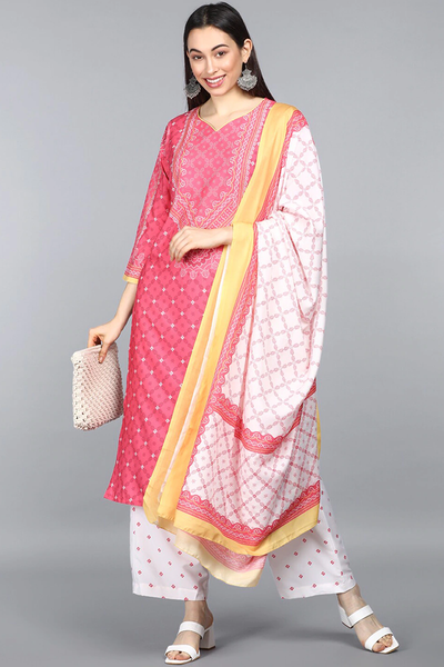 Women's Polyester Printed Kurta Pants And Dupatta Set