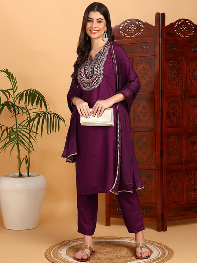 Women's Silk Blend Embroidered Kurta Pant With Dupatta