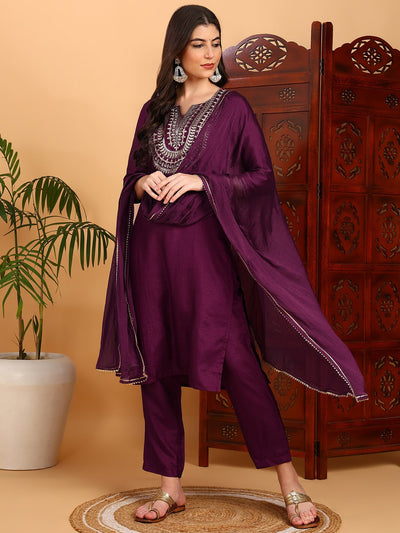 Women's Silk Blend Embroidered Kurta Pant With Dupatta
