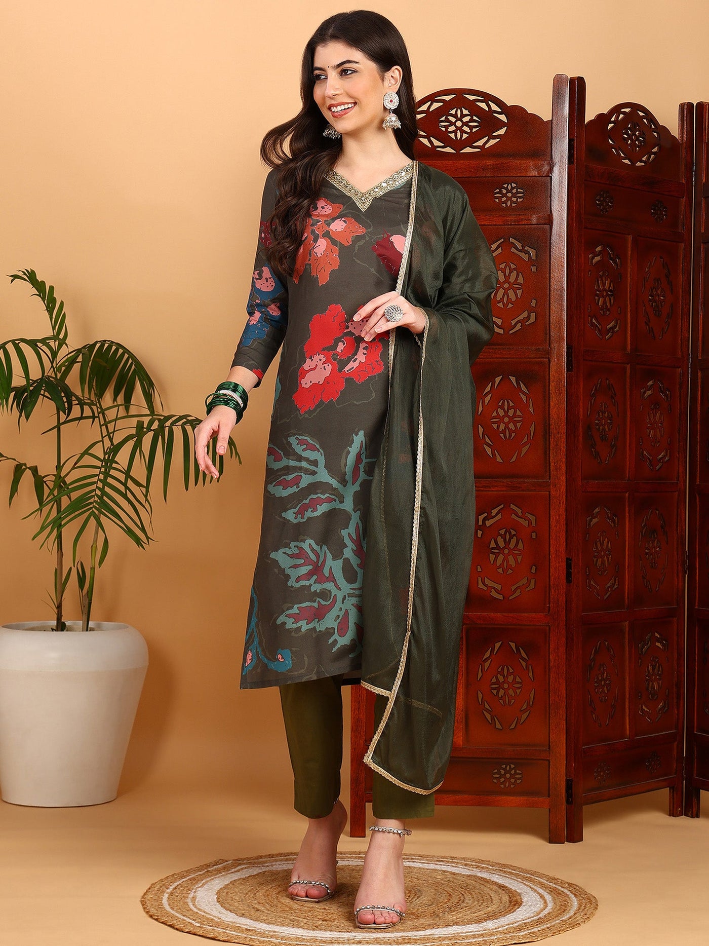 Women's Olive Cotton Blend Printed Straight Kurta Pant Set With Dupatta